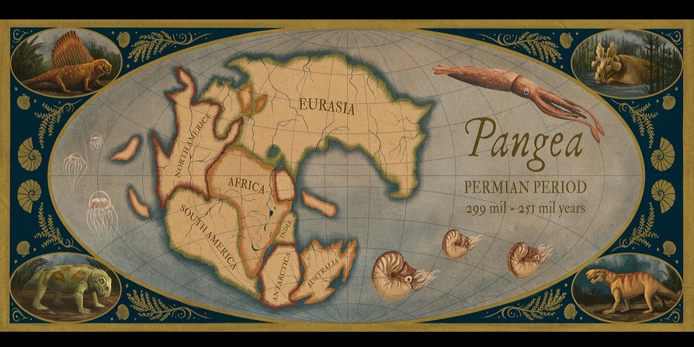 Subcategoría Geología Histórica: mapa de la tierra del periodo pérmico, cuando existía un solo continente llamado Pangea, hace 300 millones de años atrás.