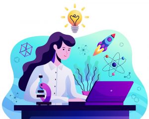 Mujer científica en una computadora, alrededor de ellas ideas como: átomos, naves espaciales , moléculas, un microscopio