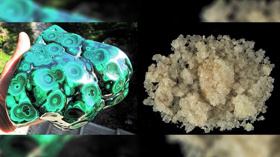 Fotografía de minerales: malaquita y nitratina