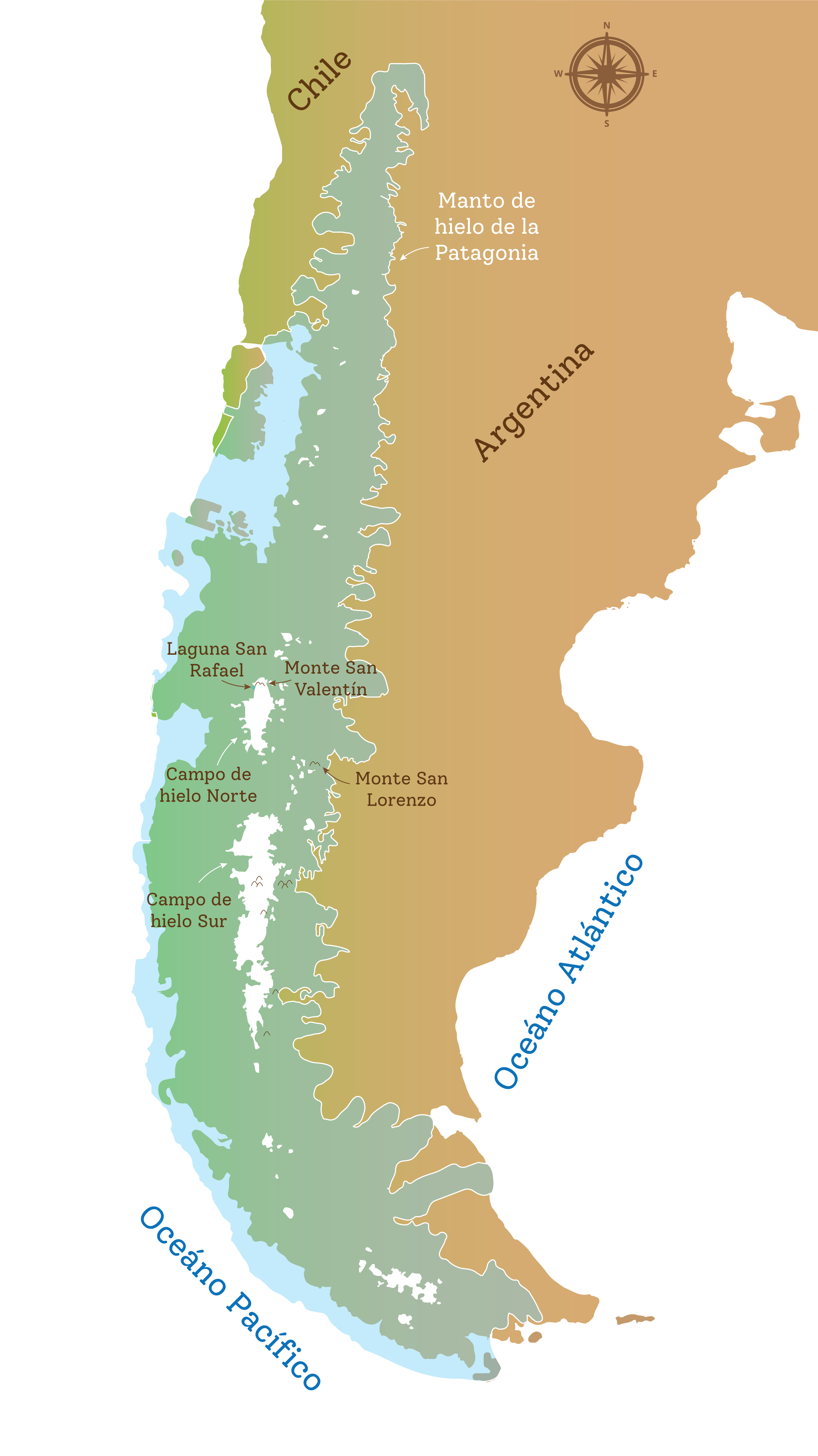 Mapa de Chile y Argentina con la ubicación de los montes